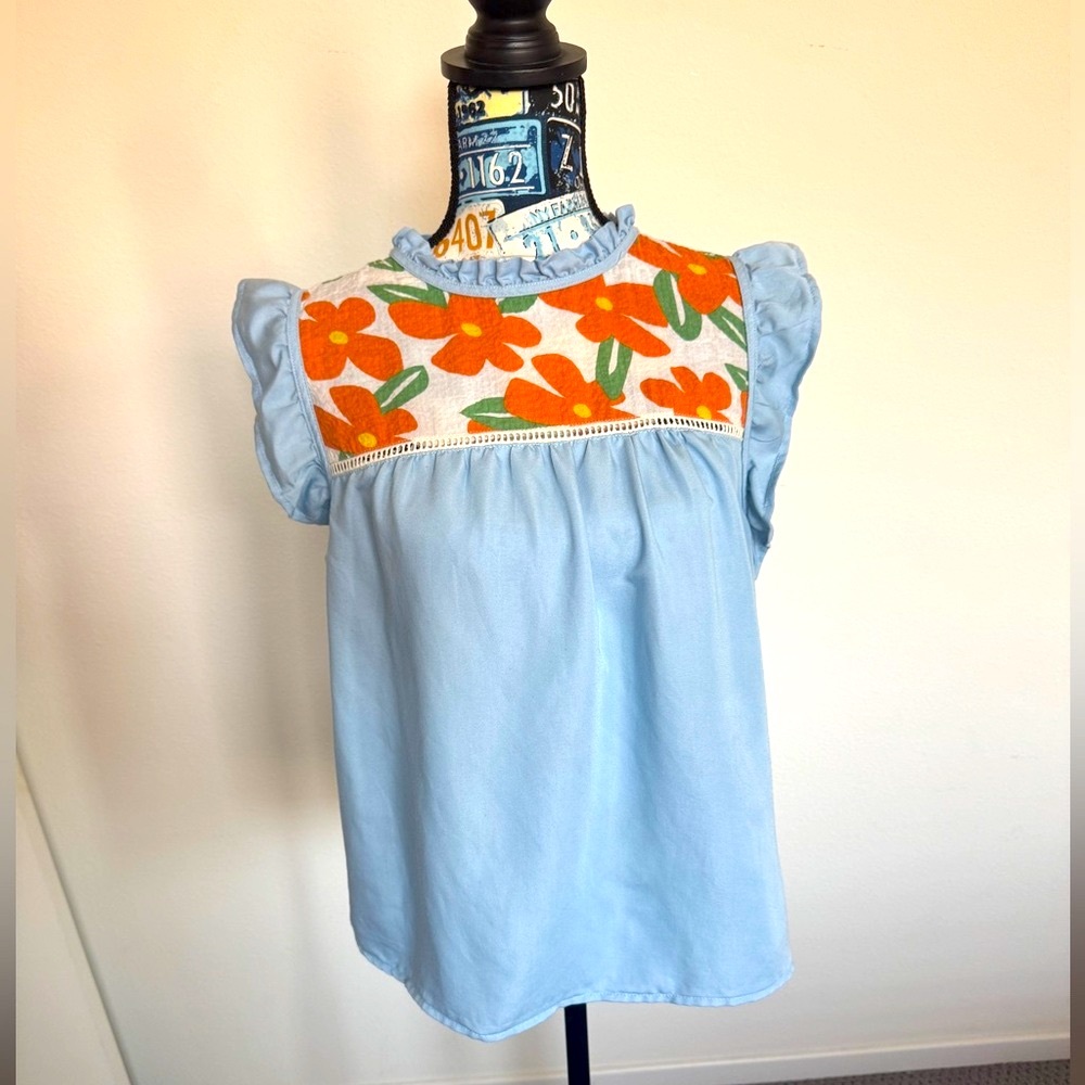 THML Light Blue Blouse with Orange Floral Embroidery